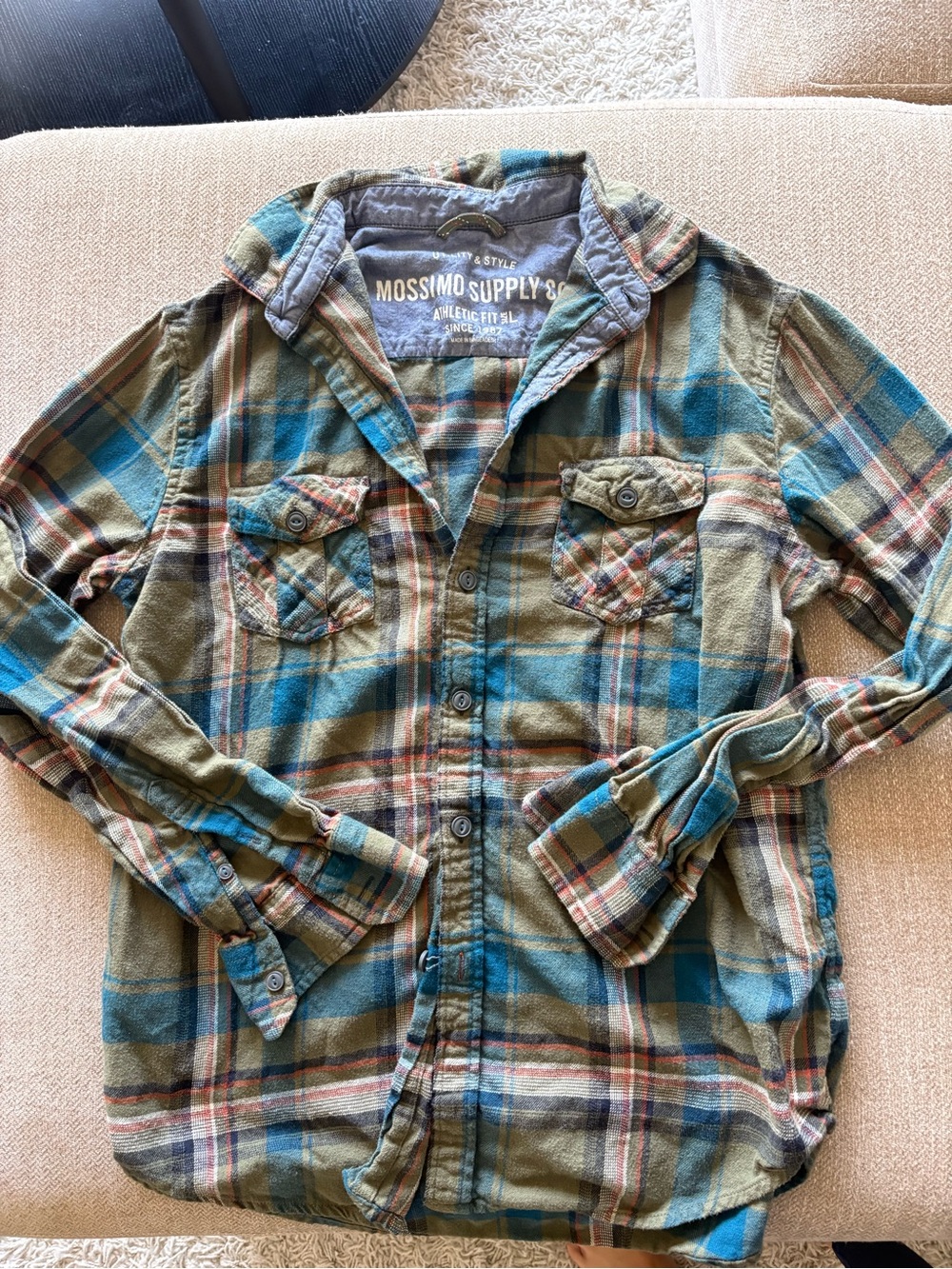 Mossimo Supply Co. Olive & Teal Plaid Long Sleeve Button-Up